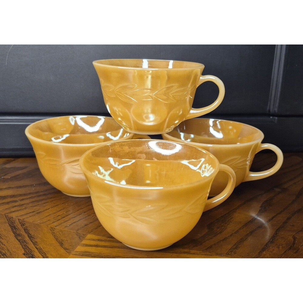 Set of 4 - Anchor Hocking FIRE KING Coffee Cup Peach Lustre Laurel Leaves